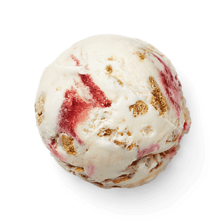 A close-up of a creamy ice cream scoop with red swirls and golden chunks.