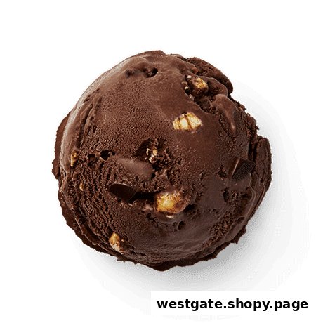 A scoop of rich chocolate ice cream with nuts and chocolate pieces.