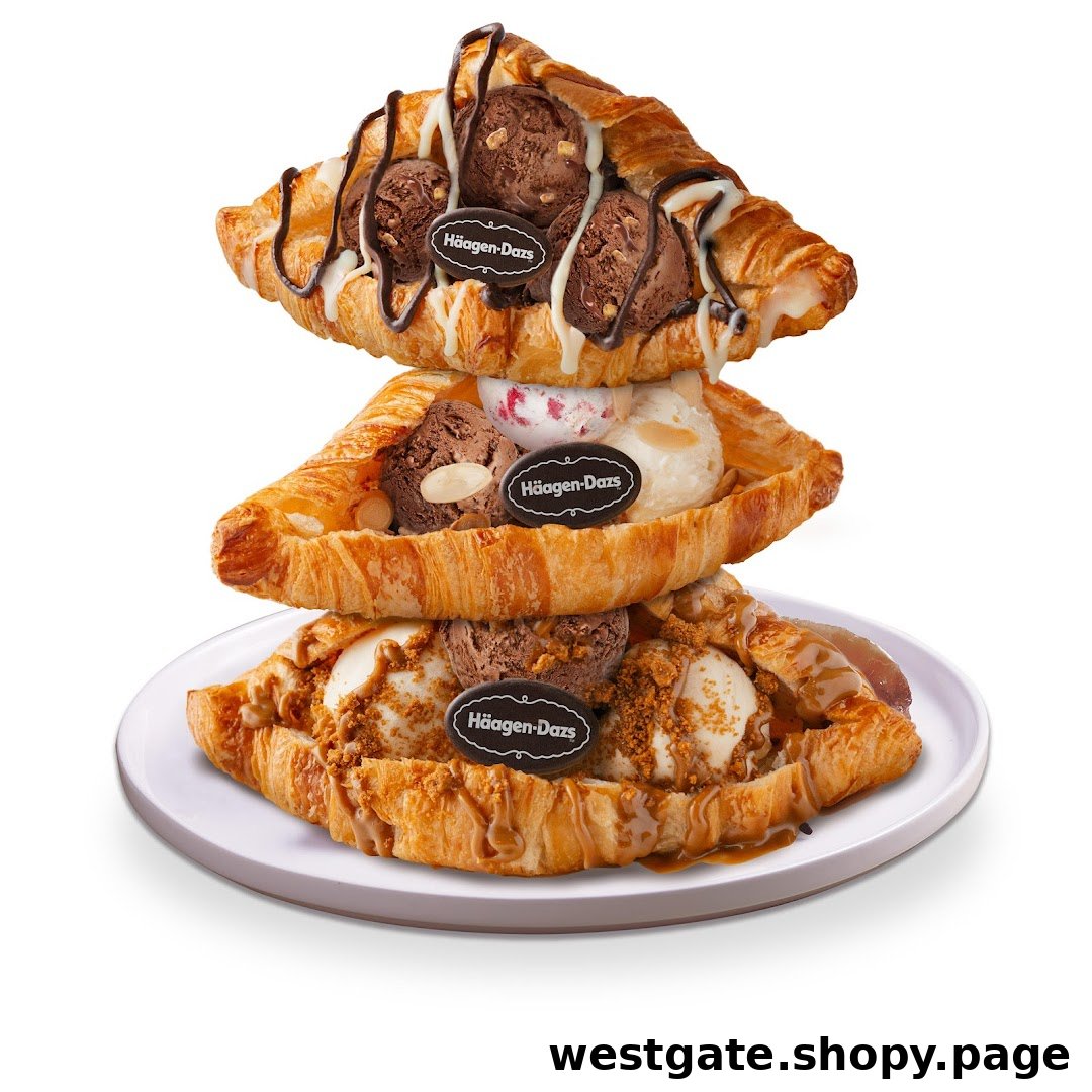 Stacked croissants filled with Häagen-Dazs ice cream, drizzled with sauces and toppings.