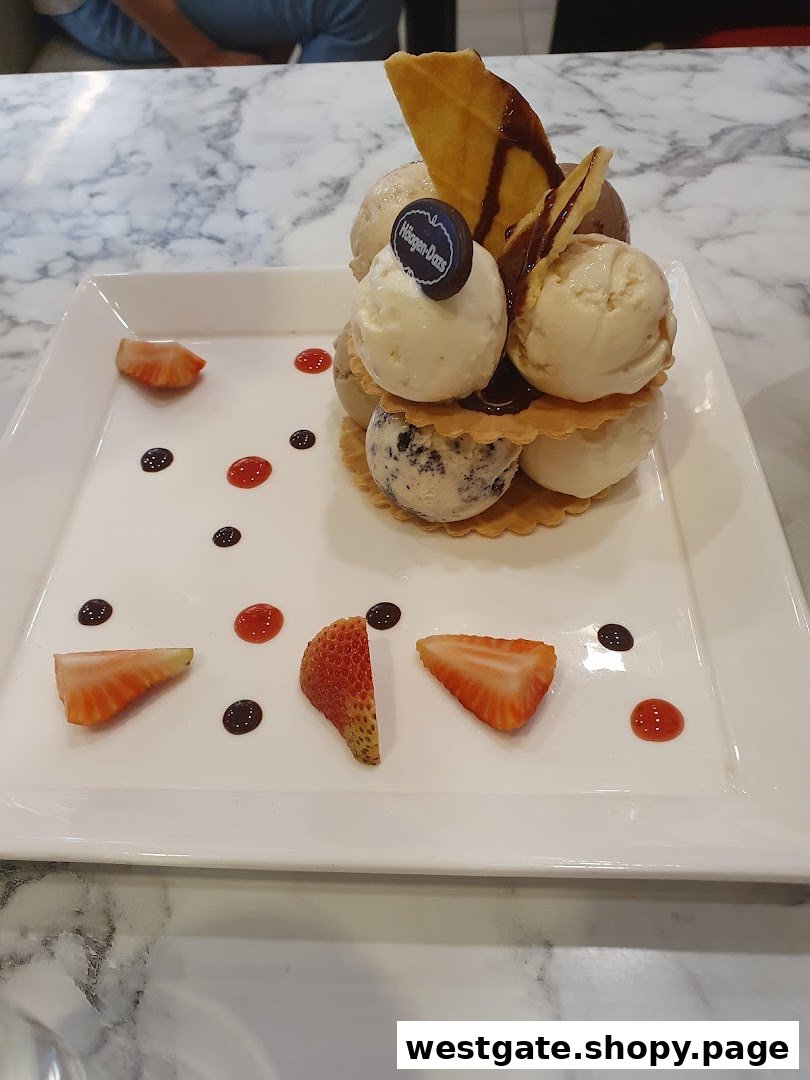 A beautifully plated Häagen-Dazs ice cream dessert with multiple scoops, waffles, and fresh strawberries.