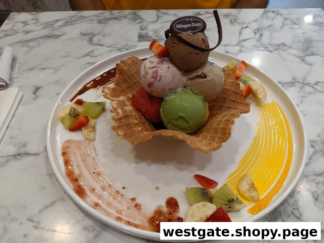 A delightful Häagen-Dazs ice cream dessert with multiple scoops, waffle, and fresh fruit on a white plate.