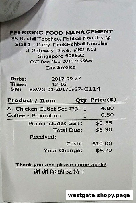 A detailed tax invoice from Fei Siong Food Management, showing a purchase of a chicken cutlet set and coffee.