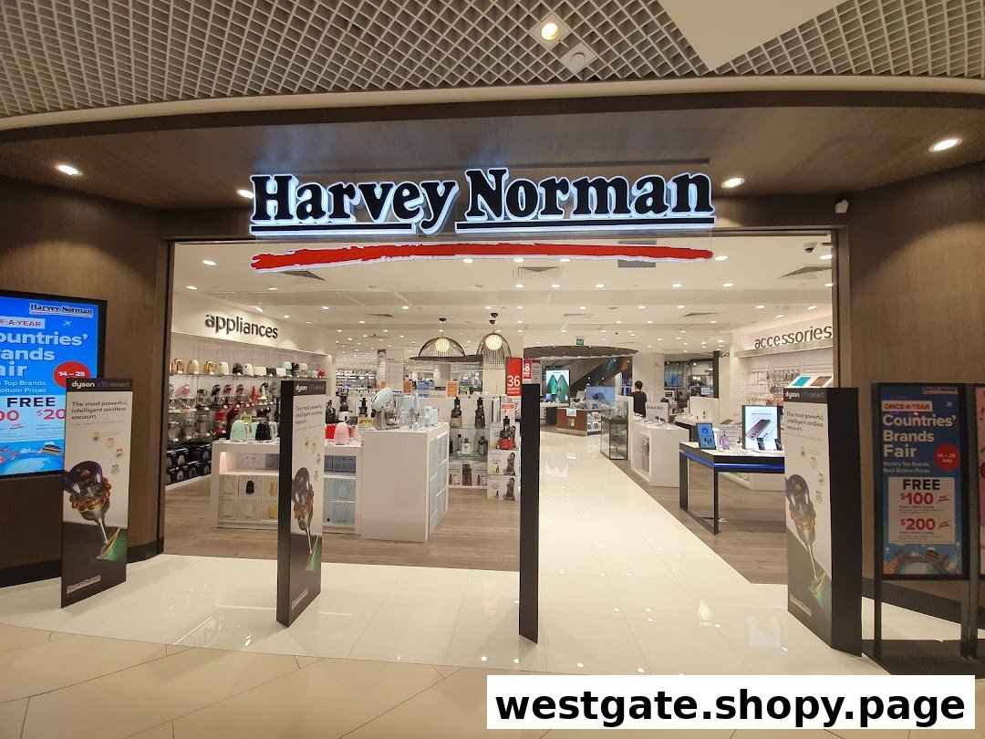 The brightly lit entrance of Harvey Norman, showcasing appliances and accessories, with promotional displays.