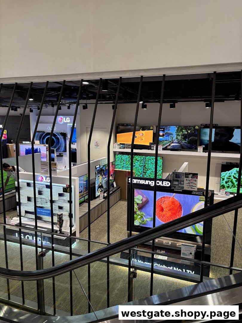 An overhead view of the electronics section at Harvey Norman, showcasing numerous LG and Samsung TVs.