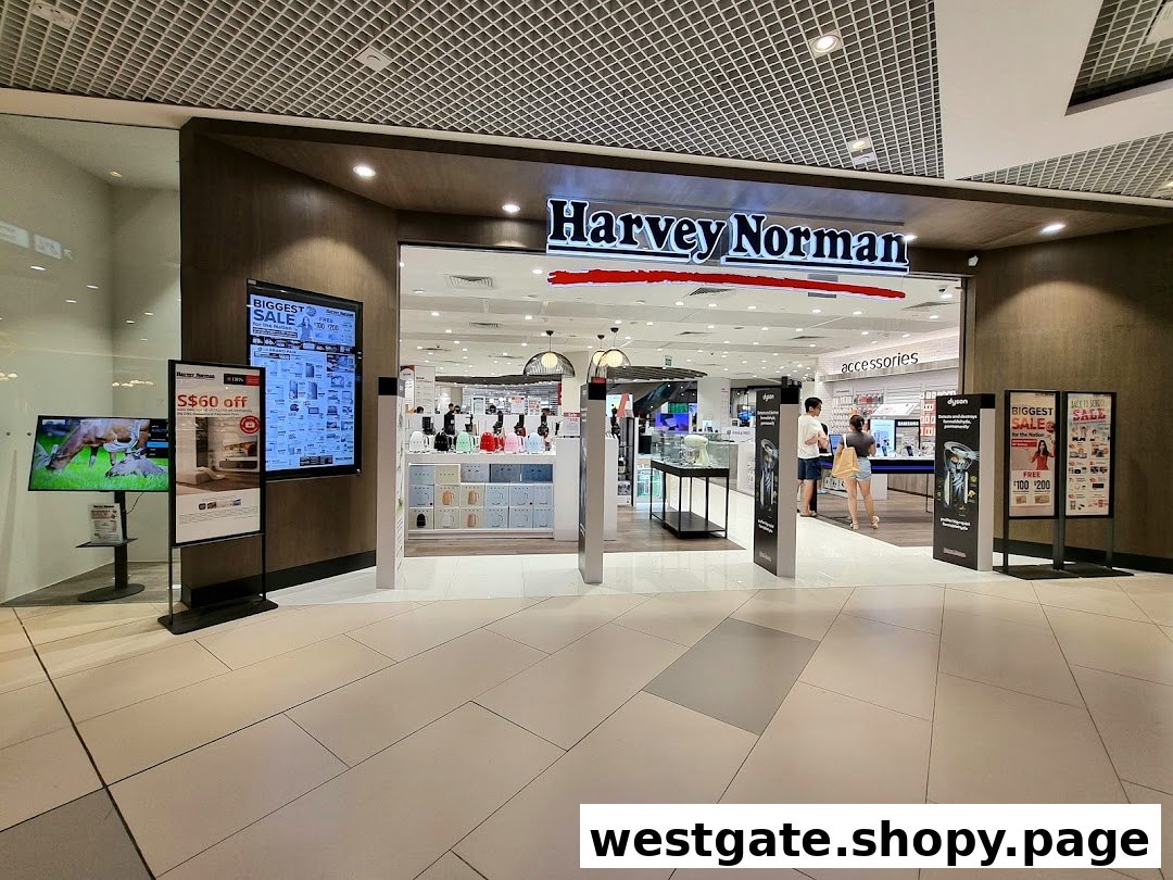 The entrance of Harvey Norman at Westgate Mall, featuring promotional displays and a clear view into the store.