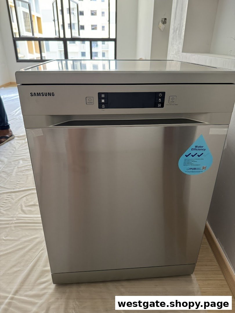 A new Samsung dishwasher with a water efficiency sticker, ready for installation in a modern home.
