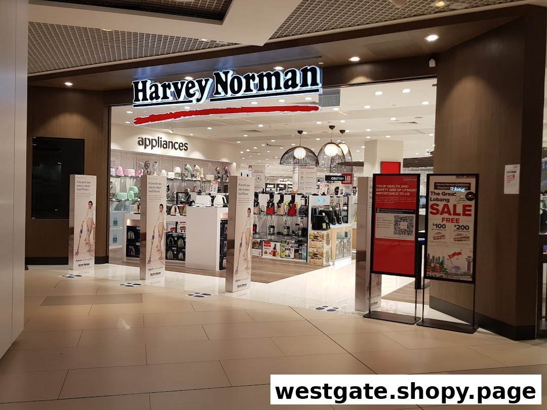 The entrance of Harvey Norman, showcasing a wide range of home appliances and electronics.