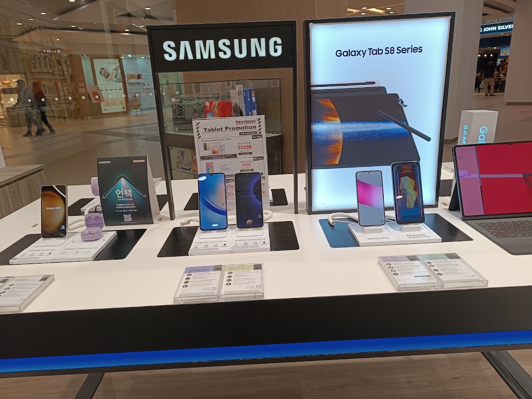 A vibrant display of Samsung smartphones and tablets, featuring promotional offers and the Galaxy Tab S8 Series.