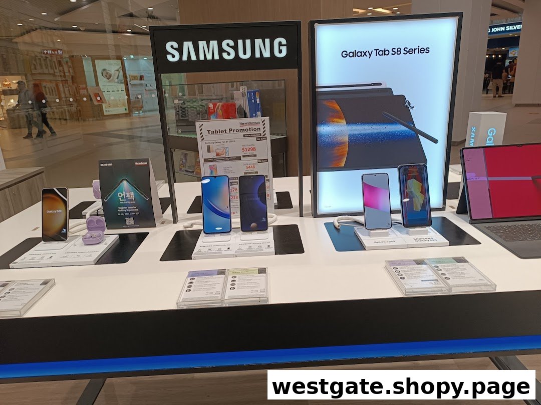 A vibrant display of Samsung smartphones and tablets, featuring promotional offers and the Galaxy Tab S8 Series.
