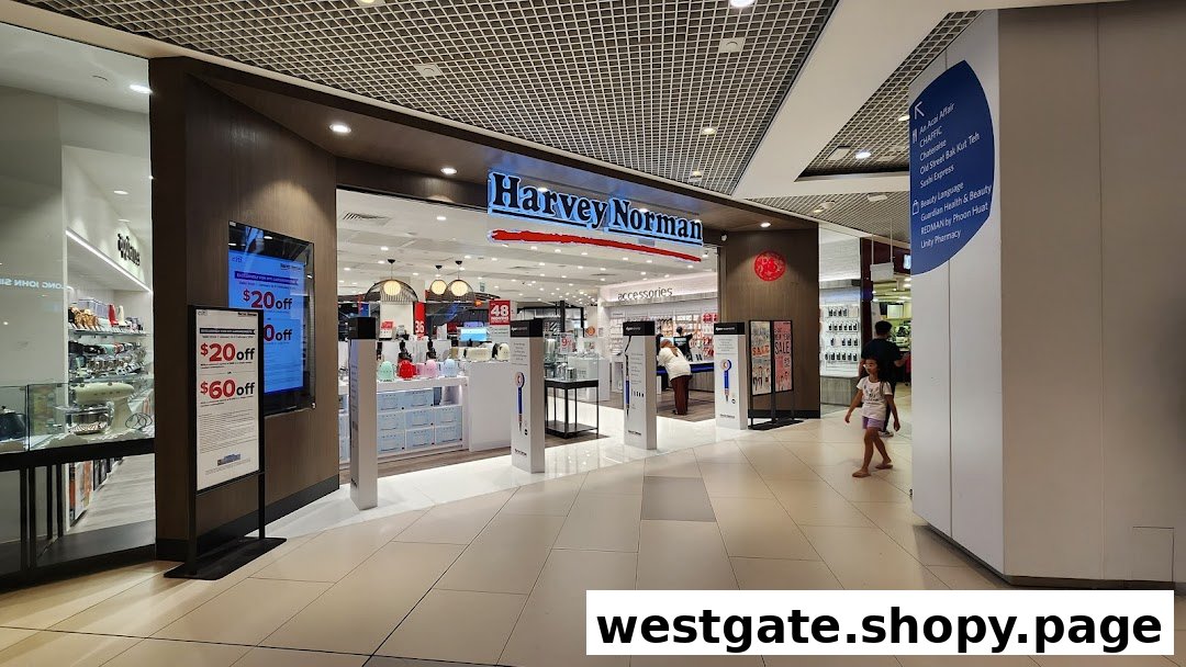The inviting entrance of Harvey Norman at Westgate Mall, showcasing electronics and home appliances.