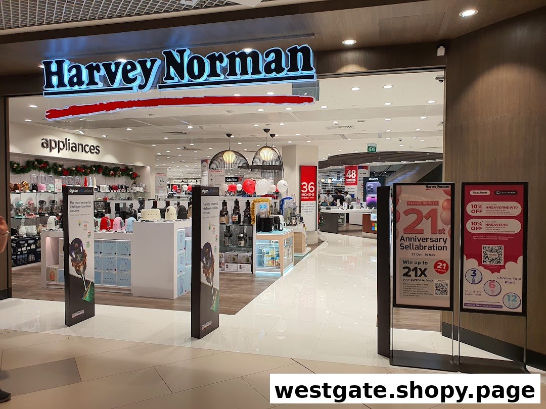 The entrance of Harvey Norman showcasing a wide range of electronics and home appliances.
