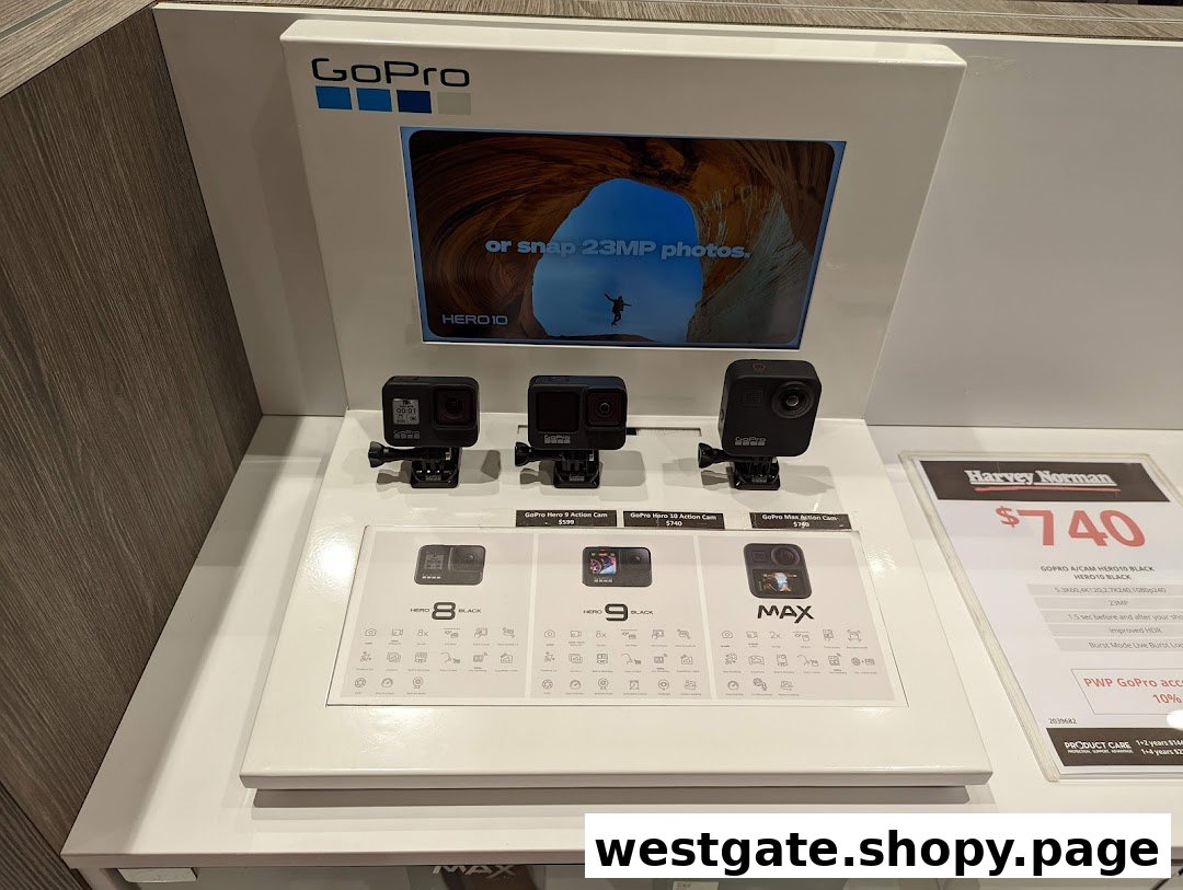 A display of GoPro action cameras, including Hero 8, Hero 9, Hero 10, and Max models, with pricing and features.