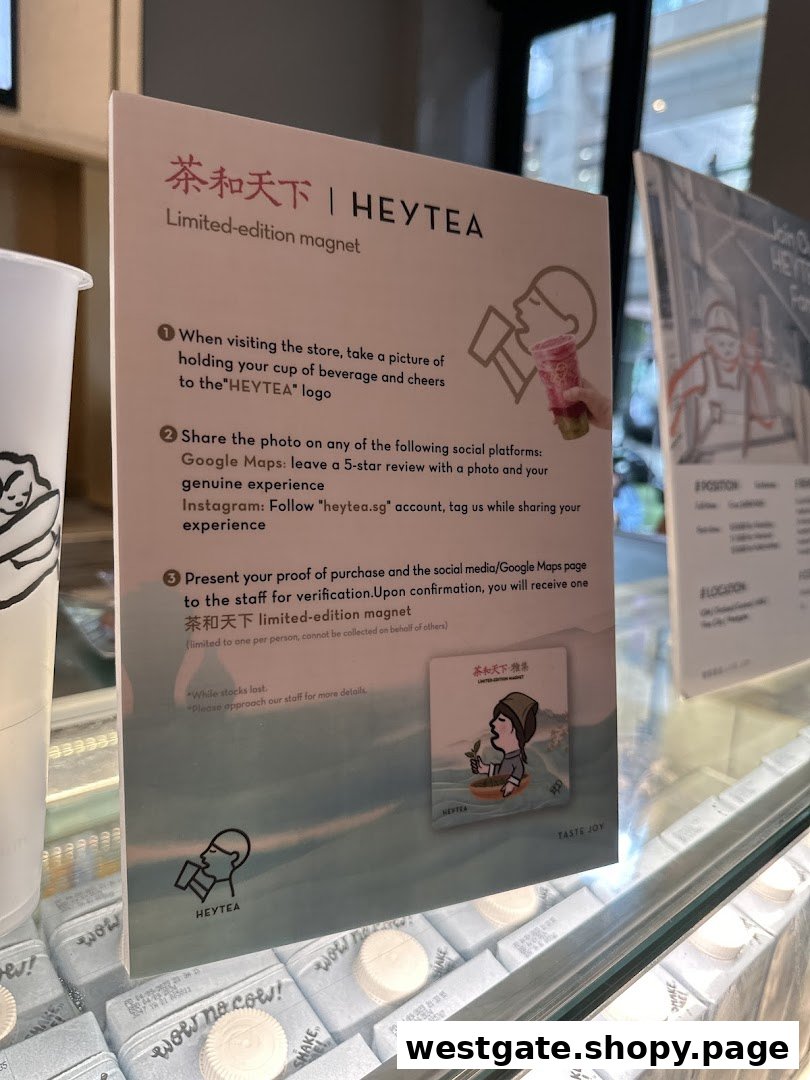 A HEYTEA promotional sign detailing how to get a limited-edition magnet through social media engagement.