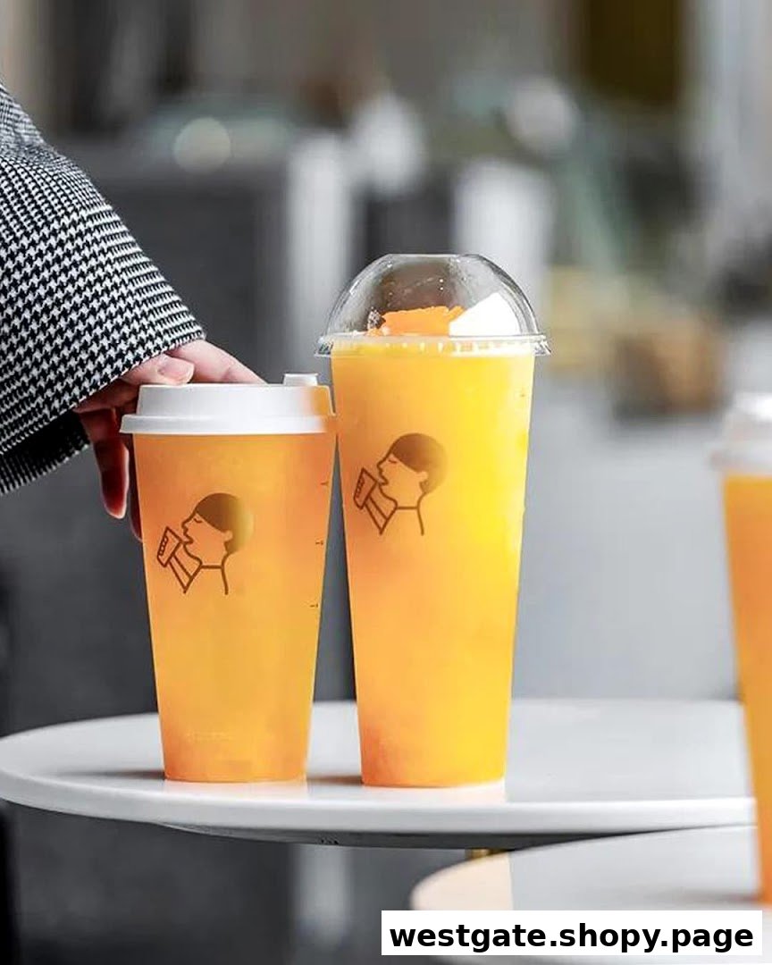 Two refreshing HEYTEA drinks, one with a dome lid, on a white table.