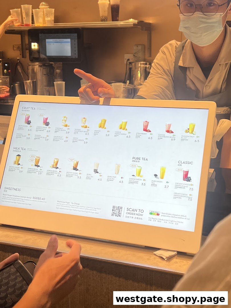 A customer views a digital menu screen at HEYTEA, displaying various fruit, milk, and pure tea options.