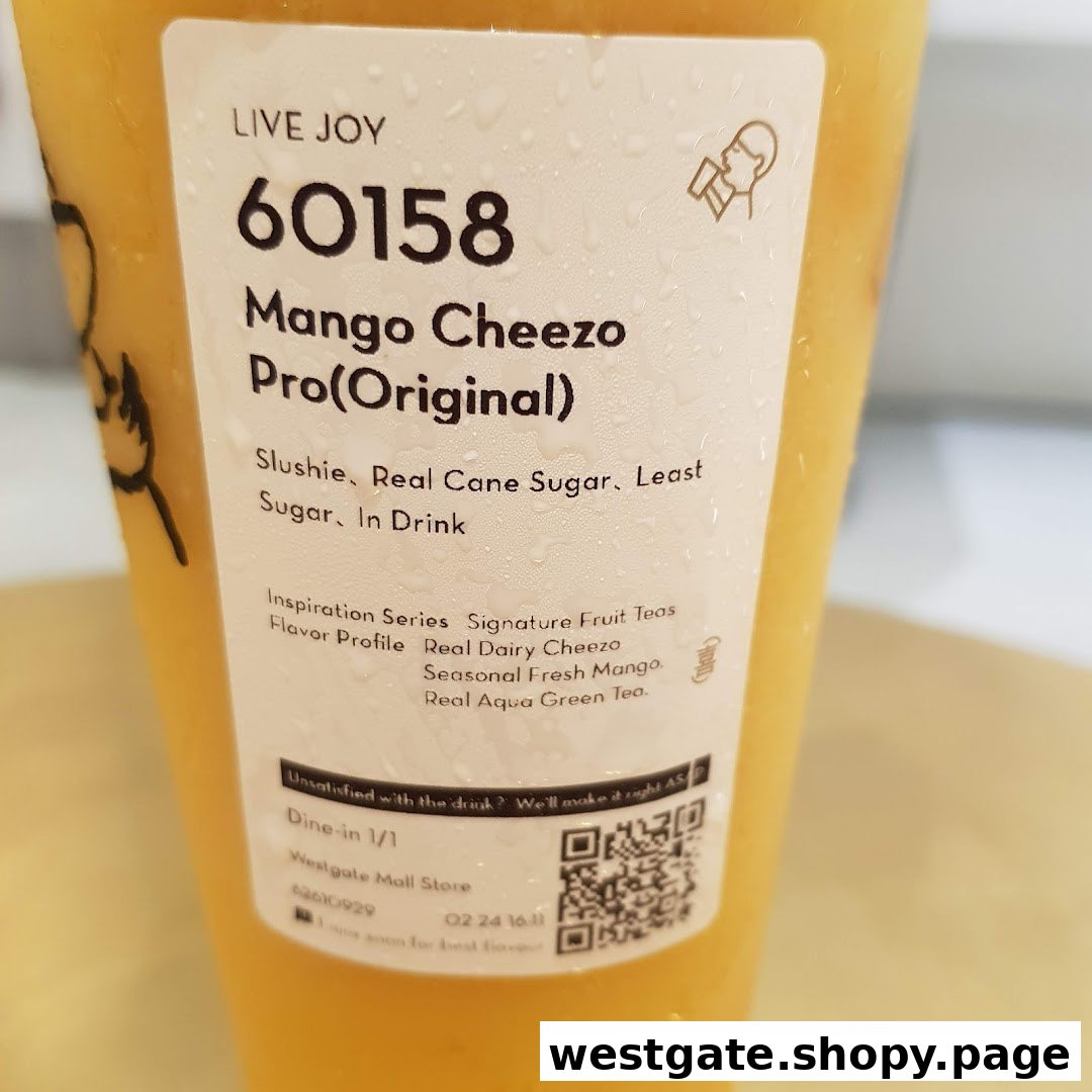 A close-up of HEYTEA's Mango Cheezo Pro drink with its detailed product label.