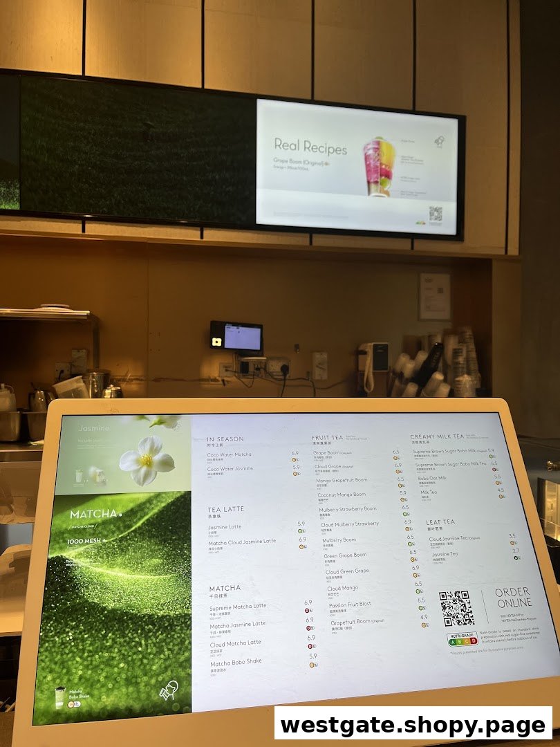 A digital menu display at HEYTEA showcasing various tea, fruit, and matcha beverages with prices.