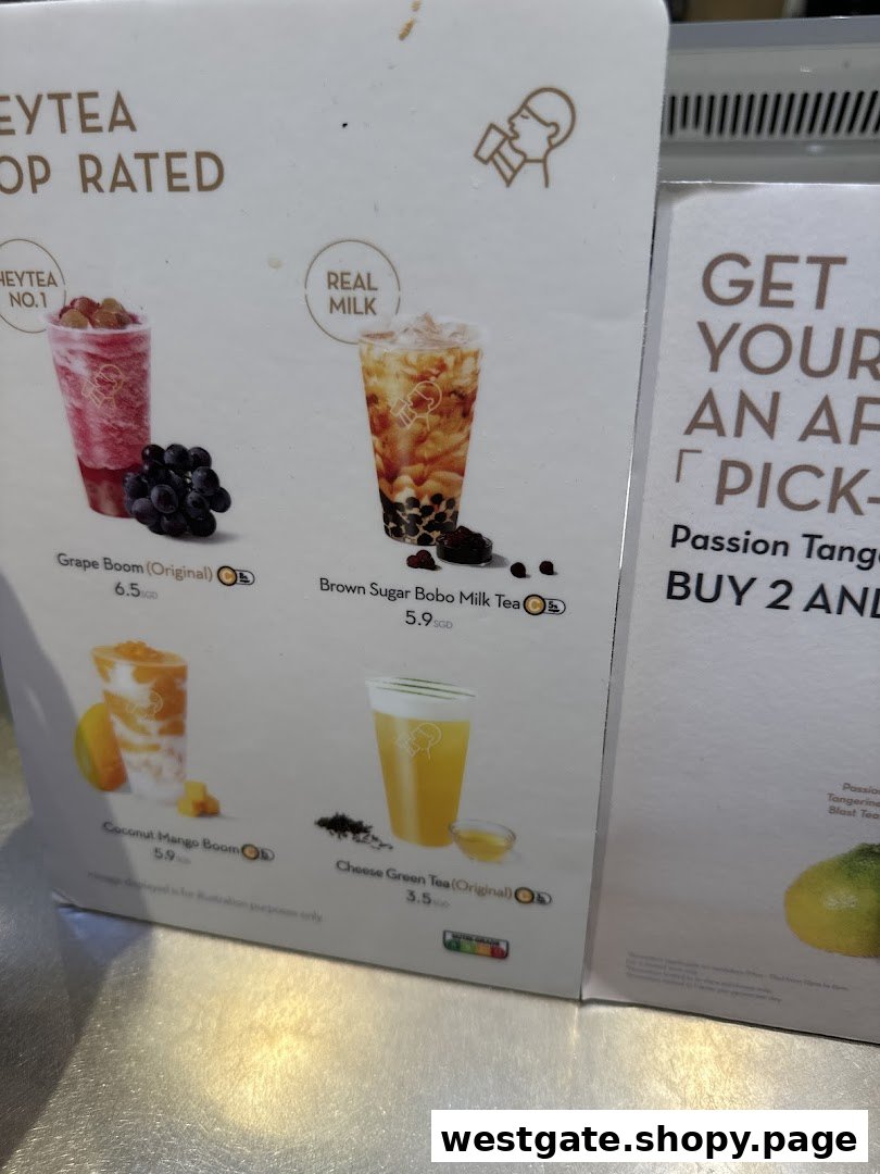 A close-up of HEYTEA's menu board displaying popular fruit teas, milk teas, and cheese tea options with prices.