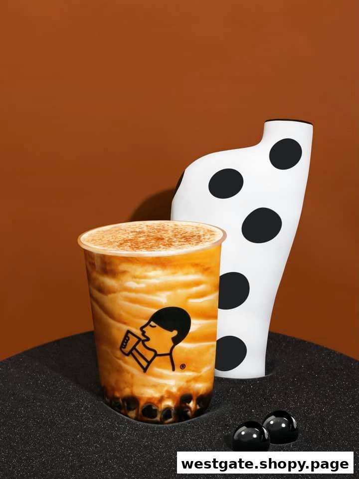 A close-up of a HEYTEA bubble tea drink with tapioca pearls and a distinctive logo.