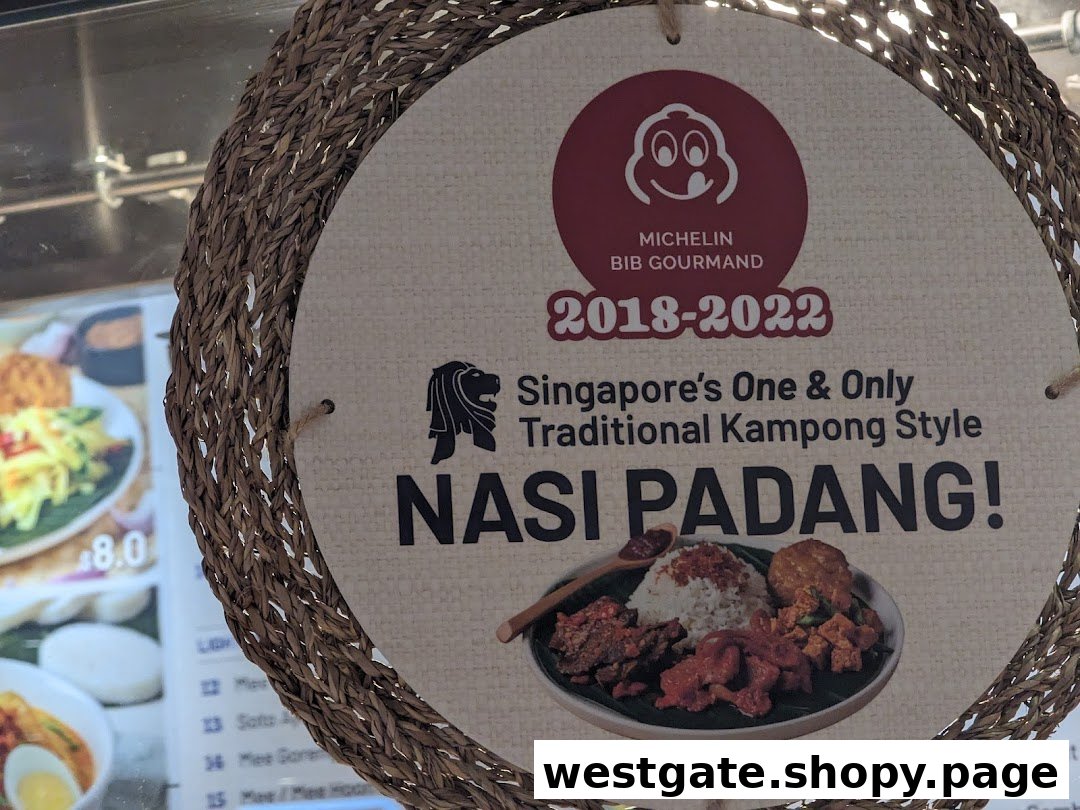 A woven sign promotes Hjh Maimunah's Michelin Bib Gourmand-awarded traditional Kampong Style Nasi Padang.