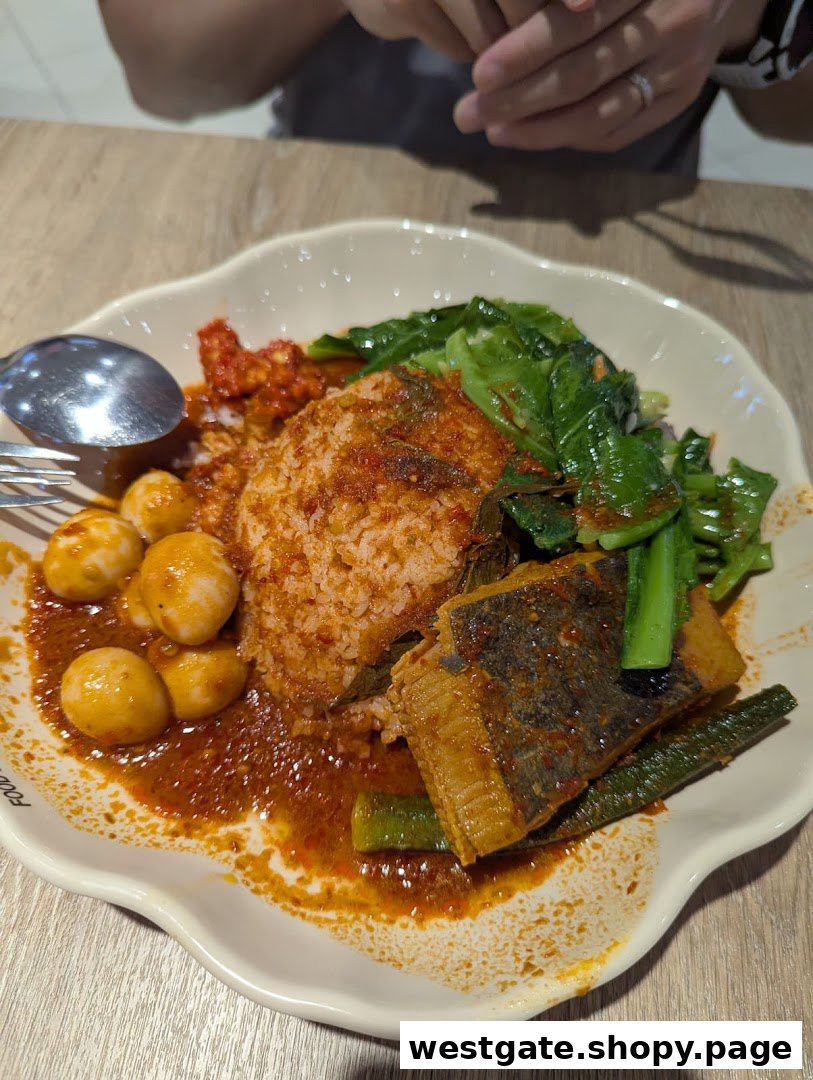 A vibrant plate of spicy rice with fish, vegetables, and quail eggs, showcasing a delicious meal.