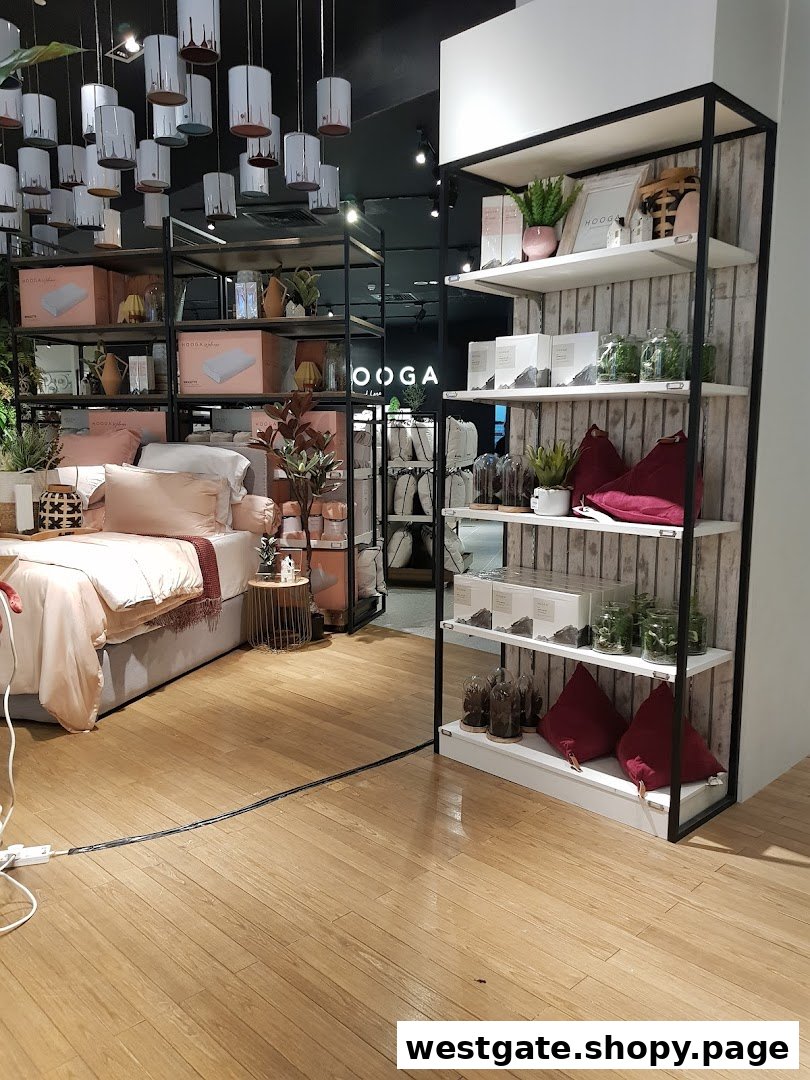 Interior view of HOOGA showcasing bedding, home decor, and lifestyle products on display shelves.