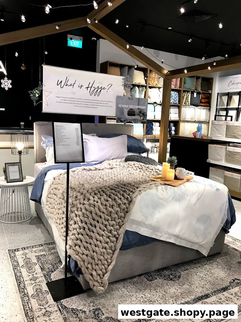 A cozy bed display featuring a chunky knit blanket, candles, and a 'What is Hygge?' sign in a home decor store.