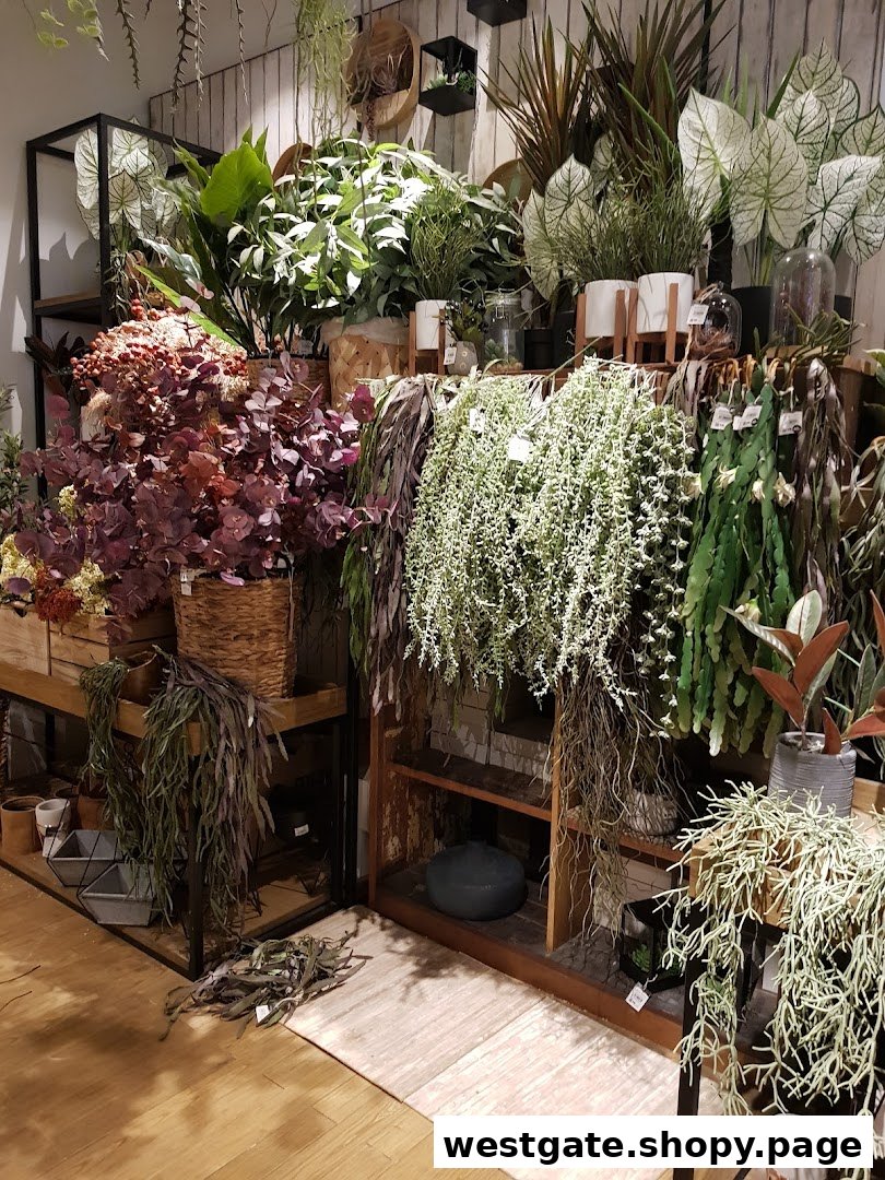 A vibrant display of artificial plants and home decor items, showcasing HOOGA's cozy and natural aesthetic.