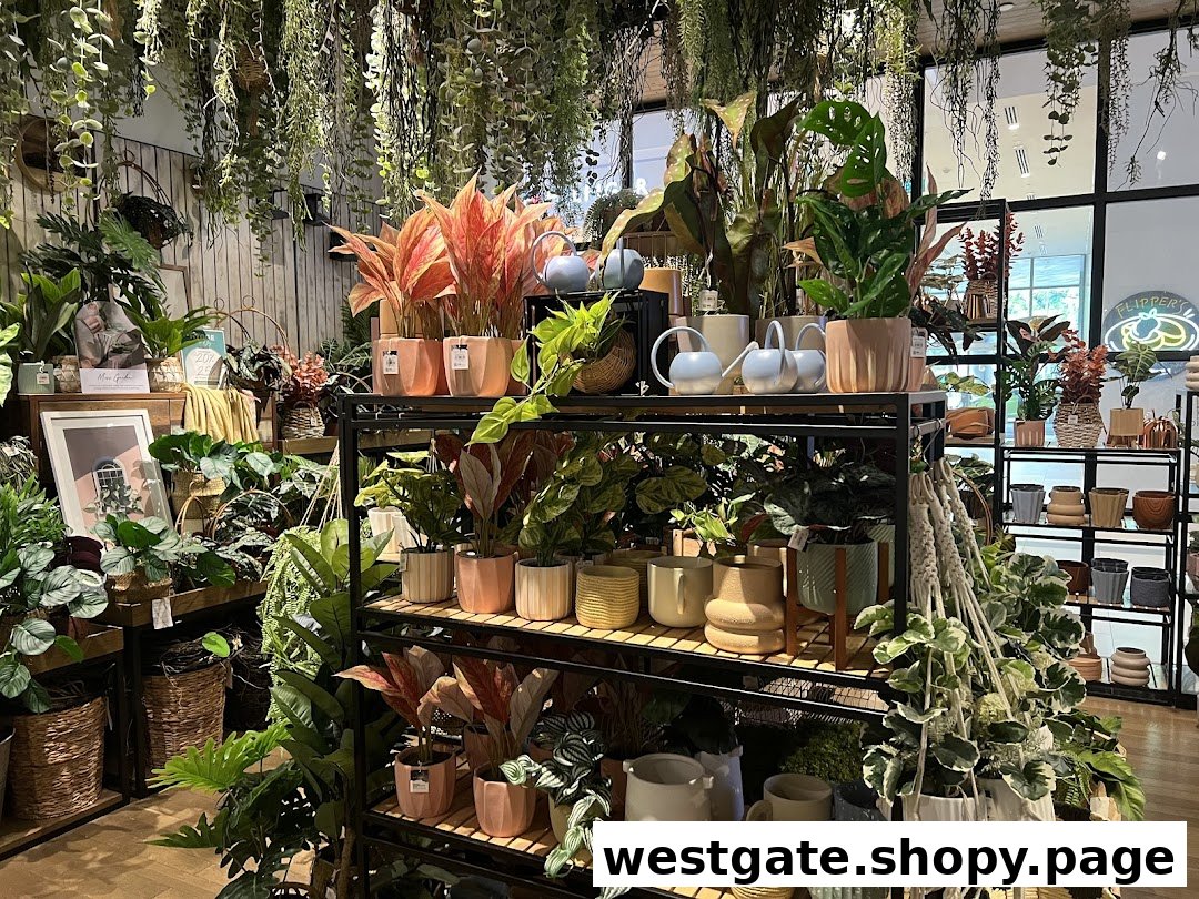 Vibrant display of lush plants, stylish pots, and home decor items inside HOOGA Westgate.