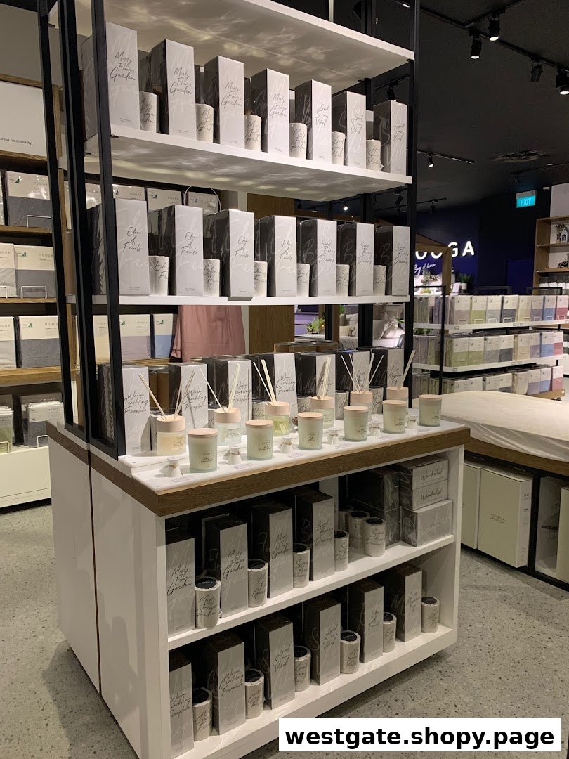 A retail display shelf showcasing a variety of HOOGA home fragrance products, including diffusers and candles.