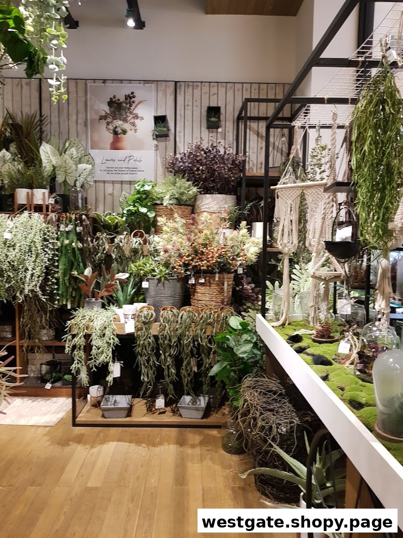 An inviting interior view of HOOGA Westgate, showcasing a wide array of artificial plants, home decor, and greenery.