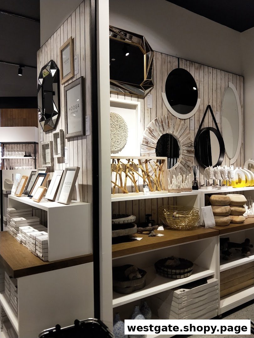 Interior view of HOOGA showcasing home decor, mirrors, and display shelves.