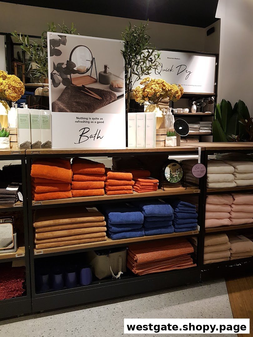 Neatly stacked colorful towels and bath accessories displayed on shelves in a HOOGA store.