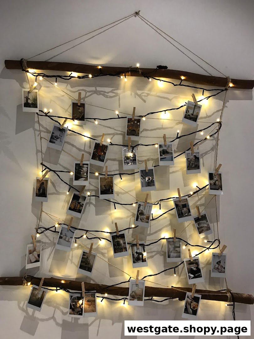 A decorative display featuring string lights, small photos clipped to twine, and natural wooden branches.