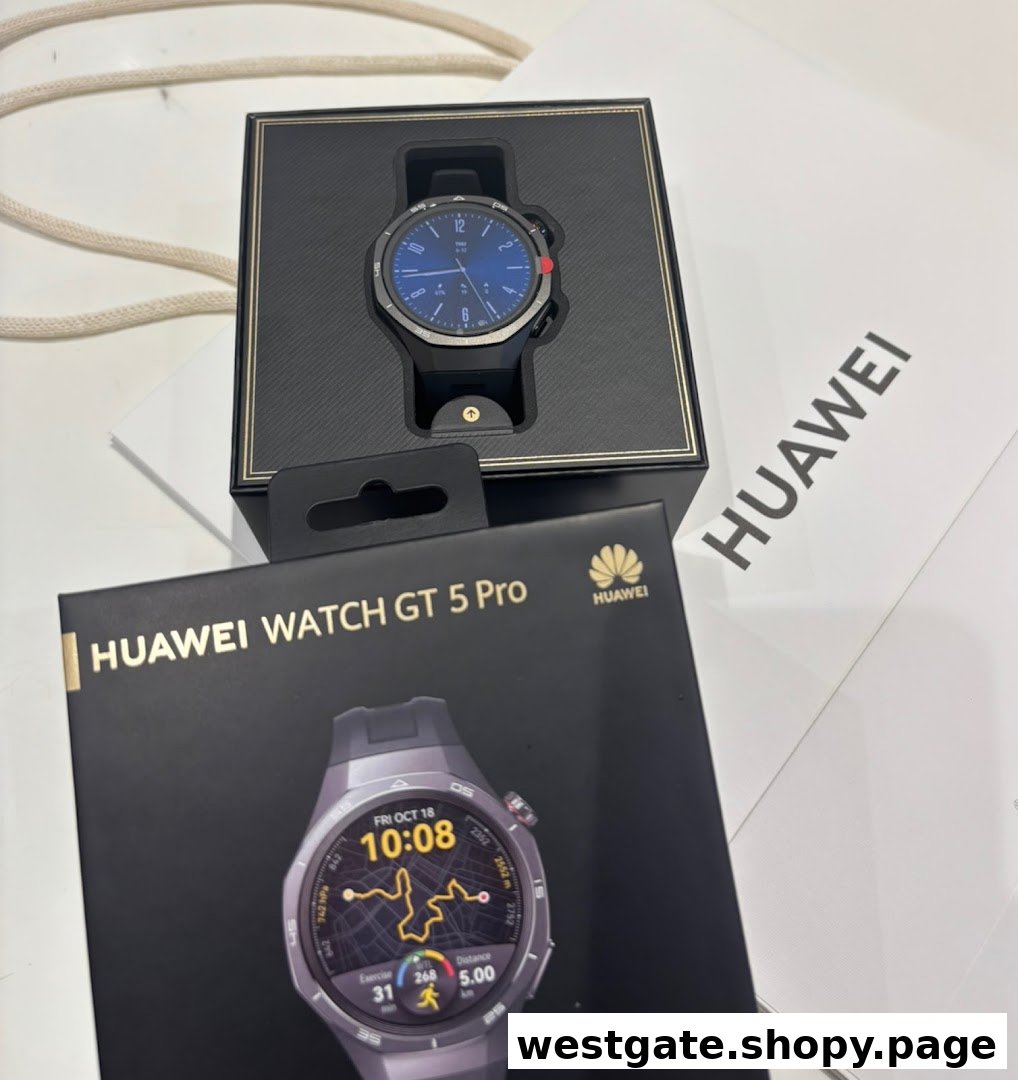 A Huawei Watch GT 5 Pro in its box, with a Huawei shopping bag, showcasing a new purchase.