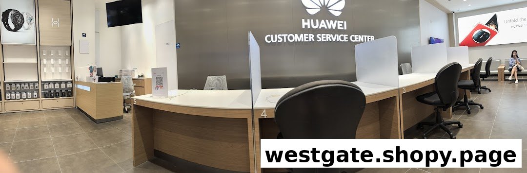 Interior view of the Huawei Customer Service Center with multiple service desks and a waiting area.