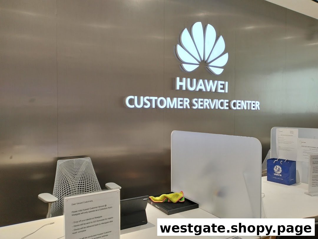 A clean, modern Huawei Customer Service Center counter with a prominent logo and service information.