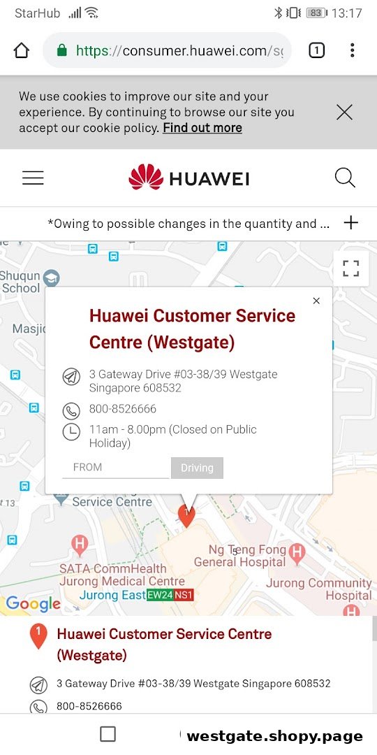 A mobile screen displaying the Huawei Customer Service Centre (Westgate) location and contact details on a map.