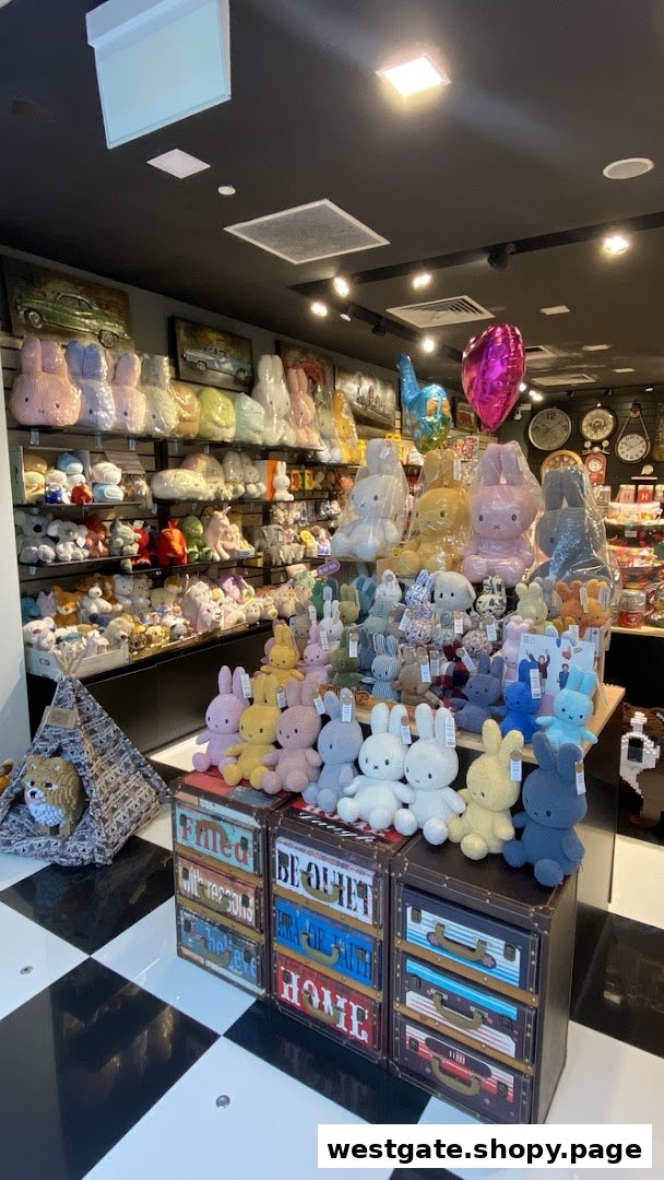 A vibrant retail shop interior showcasing a wide array of colorful plush bunny toys and other charming merchandise.