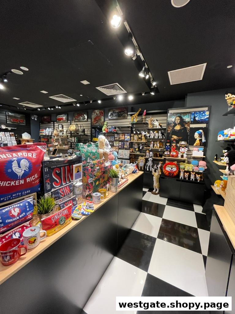 An interior view of Hyggerium, a vibrant souvenir and gift shop with unique Singapore-themed items.