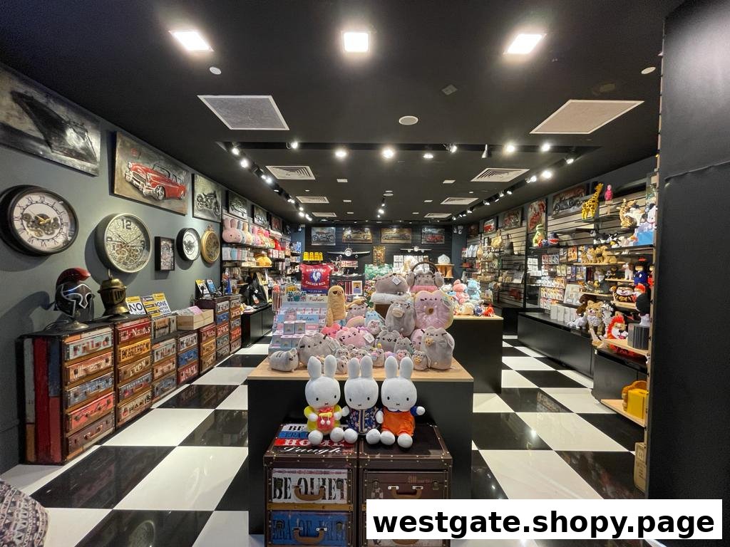An interior view of Hyggerium, a retail shop featuring plush toys, decorative clocks, and unique gifts.