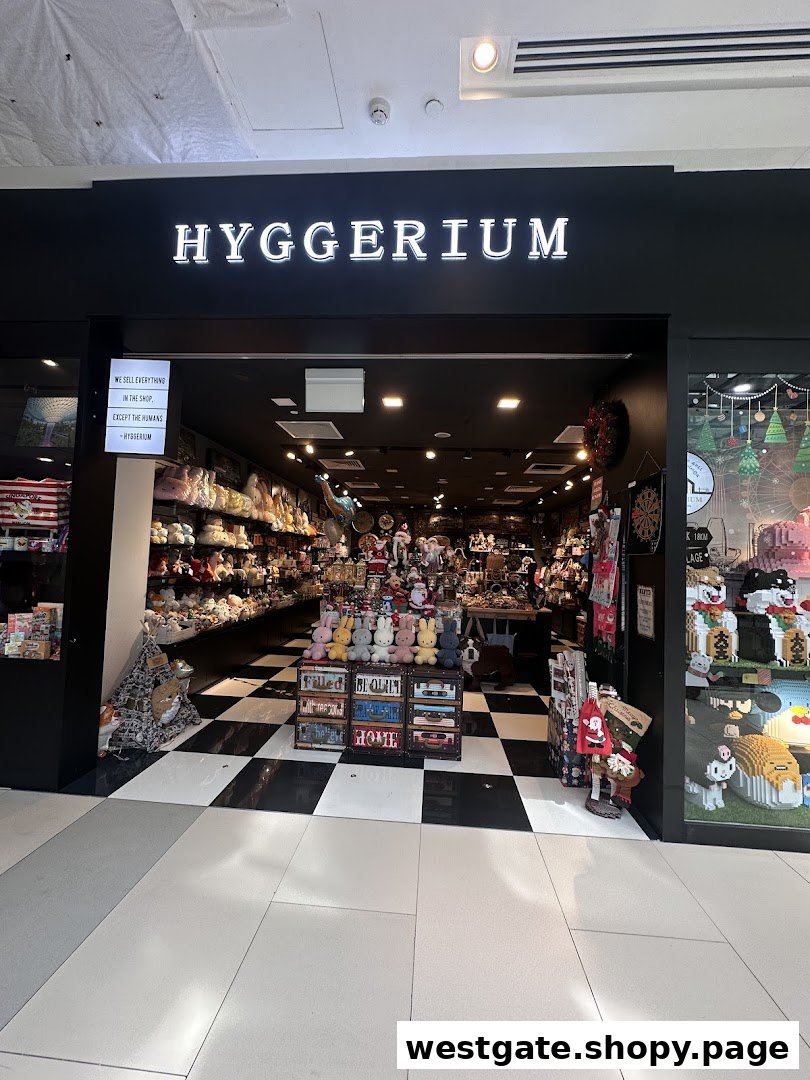 The shopfront of Hyggerium, a novelty and gift store, showcasing a wide array of plush toys and unique items.