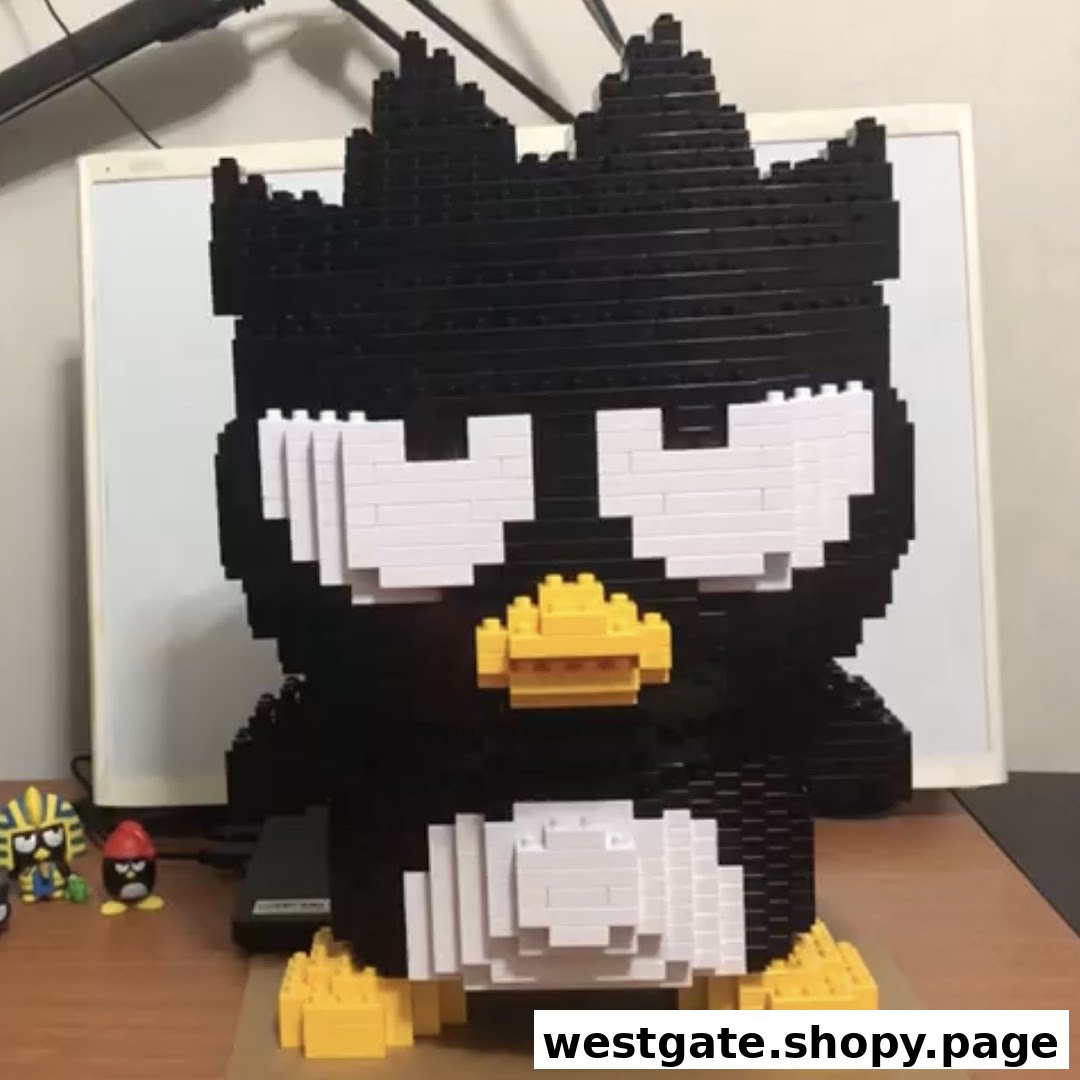 A large, detailed brick-built Badtz-Maru character display, showcasing creative building toys.