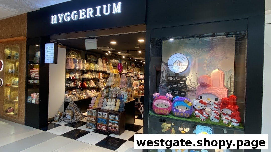 The storefront of Hyggerium, featuring a display window with pixel art characters and a view of the plush toy-filled interior.