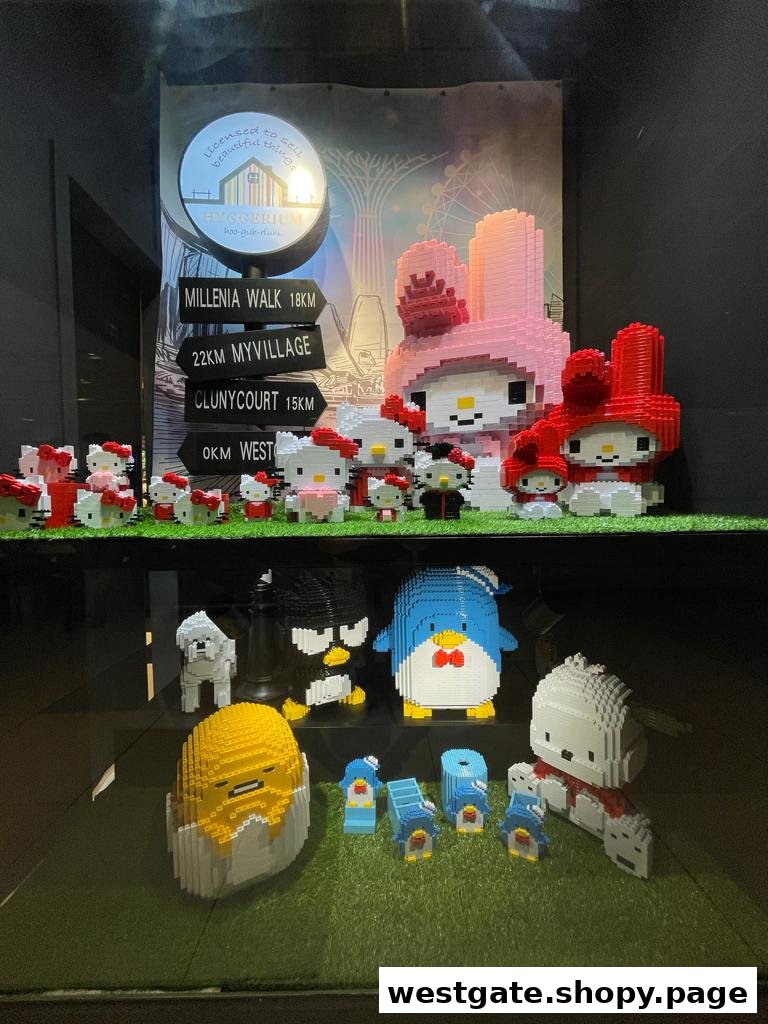 Vibrant display of block-built characters including Hello Kitty, My Melody, and Gudetama.