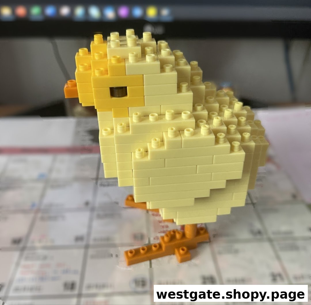 A cute yellow chick figure made from building blocks, showcasing a creative product.