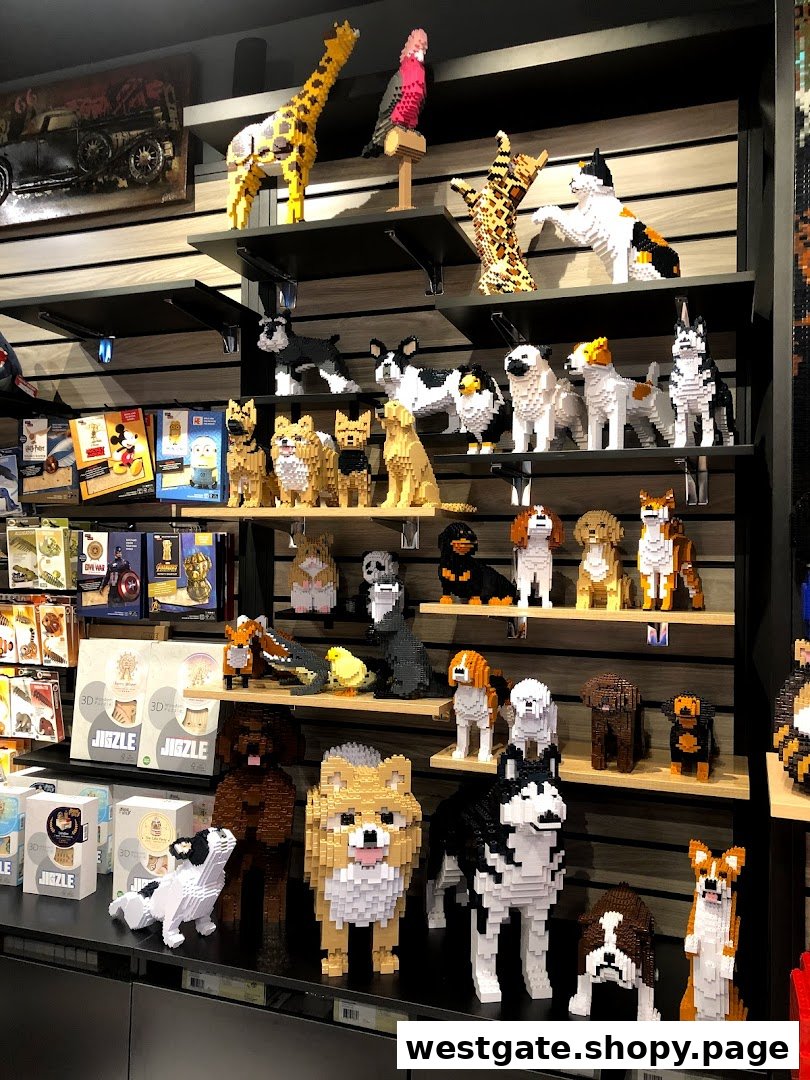 Shelves display a vibrant collection of block-built animal figures and creative puzzles.