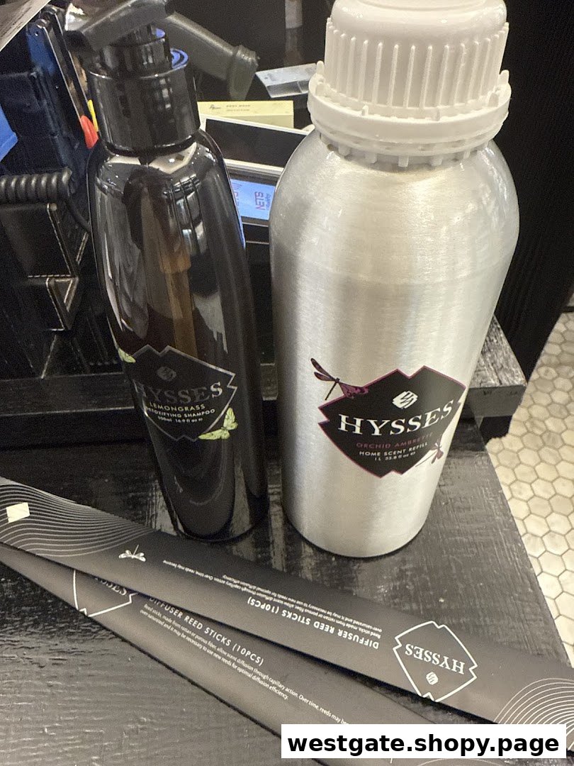 Close-up of HYSSES home scent refill, shampoo, and diffuser reed sticks on a shop counter.