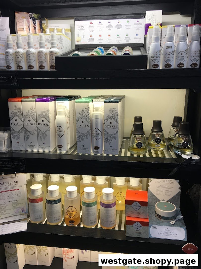 A display of HYSSES natural skincare, essential oils, and home scent products on retail shelves.