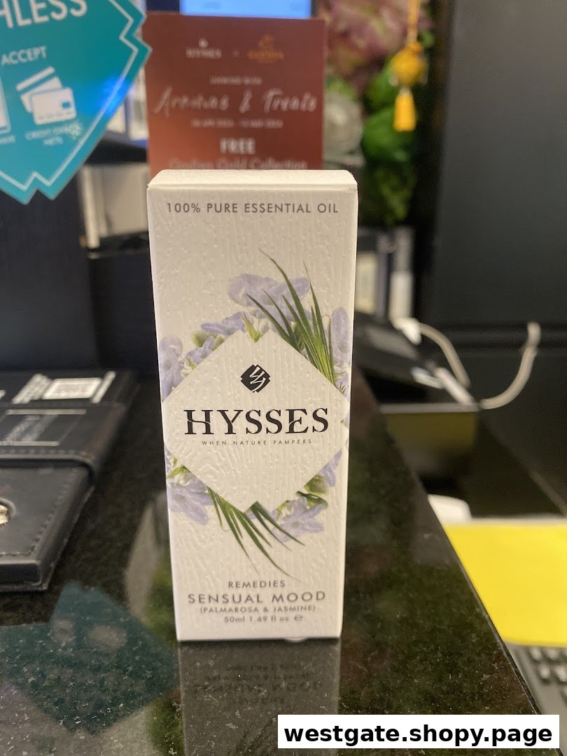 A Hysses 'Sensual Mood' essential oil box sits on a retail counter.